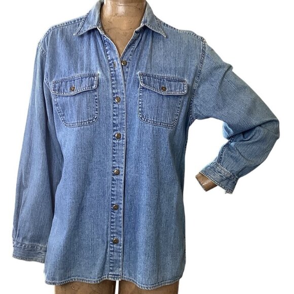 Liz Claiborne Blue Denim Chambray Button Down Shirt Sz PM #253L - Picture 1 of 8